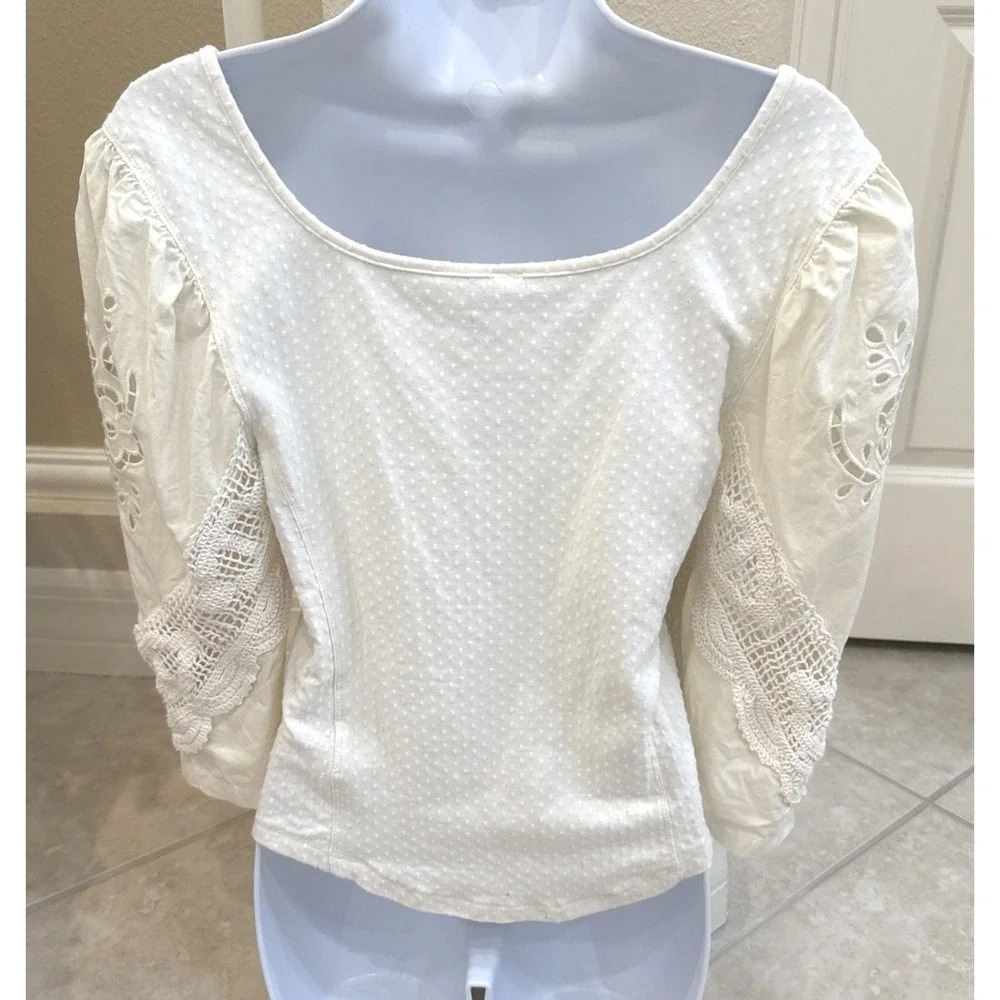 Free People Cream Swiss Dot Crochet Eyelet Lace Sleeve Boho Top‎ Small Ivory
